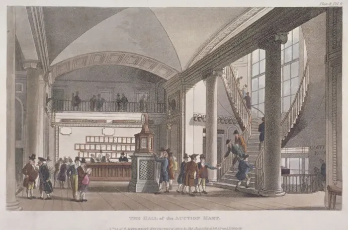 Framed Print : Interior view of the hall in the Auction Mart, Bartholomew Lane, City of London, 1811 Framed Print : Interior view of the hall in the Auction Mart, Bartholomew Lane, City of London, 1811