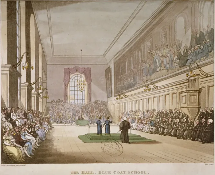 Framed Print : Interior view of the hall of Christs Hospital, with an event taking place, City of London, 1808 Framed Print : Interior view of the hall of Christs Hospital, with an event taking place, City of London, 1808