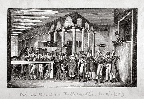 Interior view of a horse sale yard, possibly Tattersalls, Hyde Park Corner, London, c1830