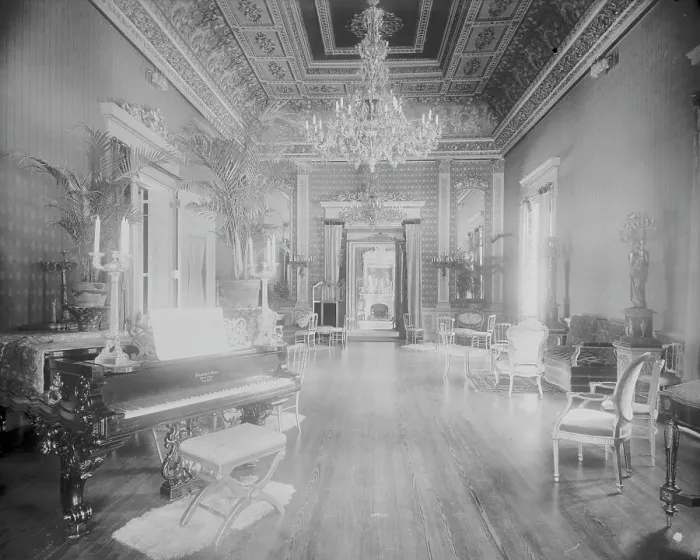 Framed Print : Interior view of a large hall with piano, chairs, small tables, and... Washington, DC, c1890 - 1910 Creator: Frances Benjamin Johnston Framed Print : Interior view of a large hall with piano, chairs, small tables, and... Washington, DC, c1890 - 1910 Creator: Frances Benjamin Johnston