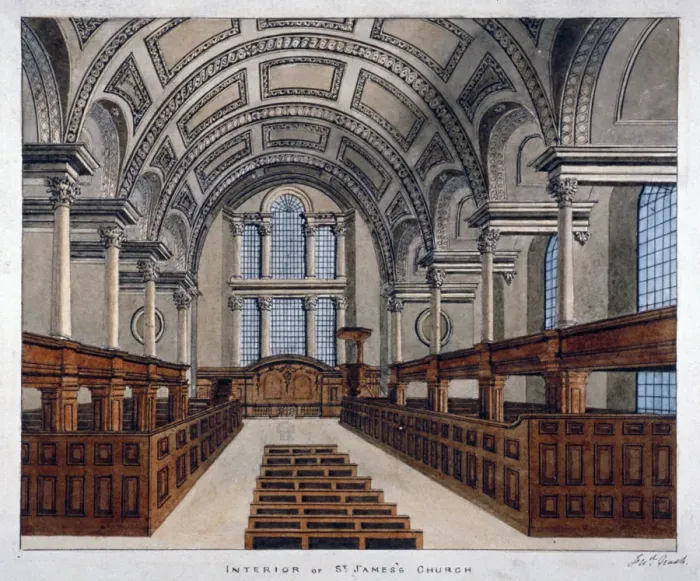 Framed Print : Interior view looking east, St Jamess Church, Piccadilly, London, 1806 Framed Print : Interior view looking east, St Jamess Church, Piccadilly, London, 1806
