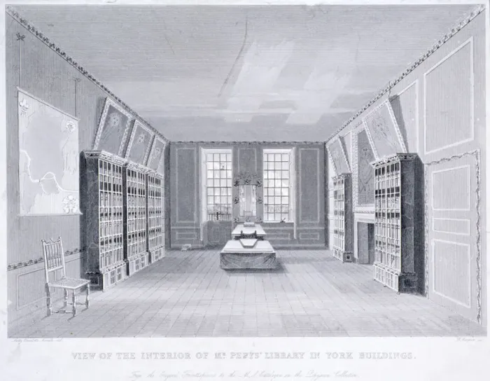 Framed Print : Interior view of Mr Pepys library in York Buildings, Westminster, London, c1670 Framed Print : Interior view of Mr Pepys library in York Buildings, Westminster, London, c1670