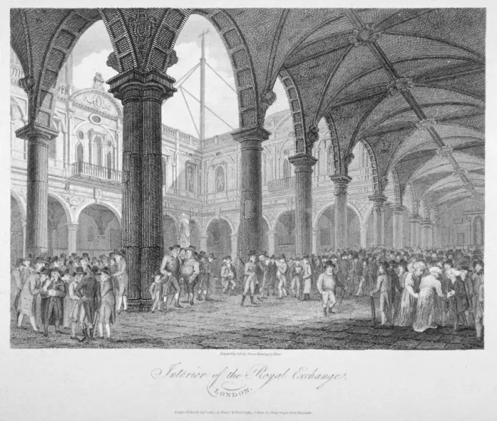 Framed Print : Interior view of the Royal Exchange with figures in the courtyard, City of London, 1805 Framed Print : Interior view of the Royal Exchange with figures in the courtyard, City of London, 1805