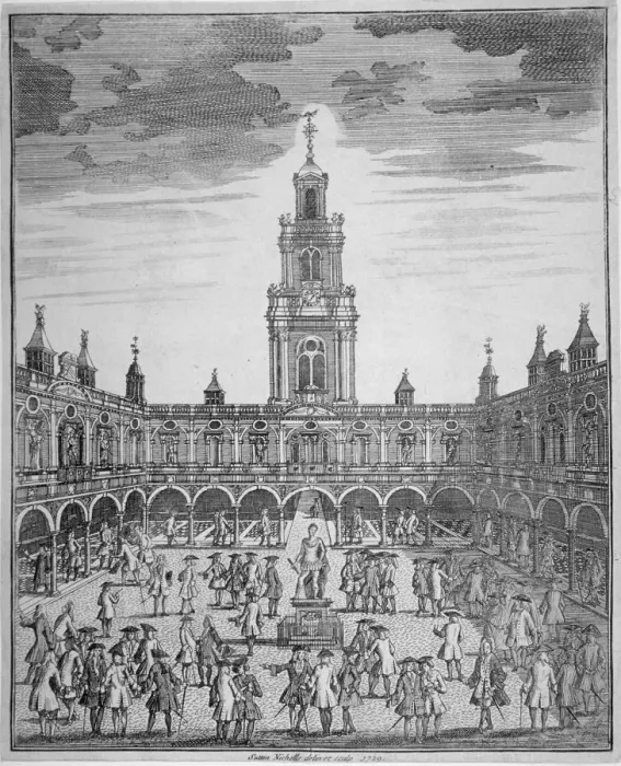 Framed Print : Interior view of the Royal Exchange with merchants, City of London, 1729. Artist Framed Print : Interior view of the Royal Exchange with merchants, City of London, 1729. Artist