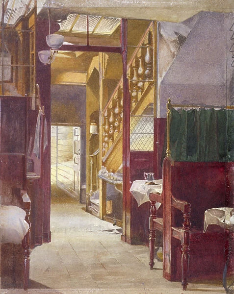 Interior view showing the staircase at the Cock Tavern, Fleet Street, City of London, 1881
