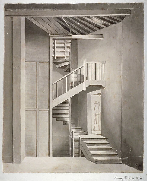 Interior view of the staircase in Surrey Theatre on Blackfriars Road, Southwark, London, 1810
