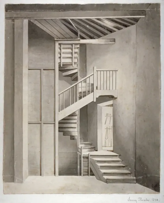 Framed Print : Interior view of the staircase in Surrey Theatre on Blackfriars Road, Southwark, London, 1810 Framed Print : Interior view of the staircase in Surrey Theatre on Blackfriars Road, Southwark, London, 1810