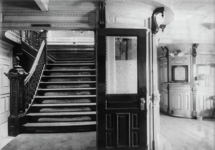 Framed Print : Interior view of steamboat showing stairway and pursers office, c1900. Creator: Frances Benjamin Johnston Framed Print : Interior view of steamboat showing stairway and pursers office, c1900. Creator: Frances Benjamin Johnston