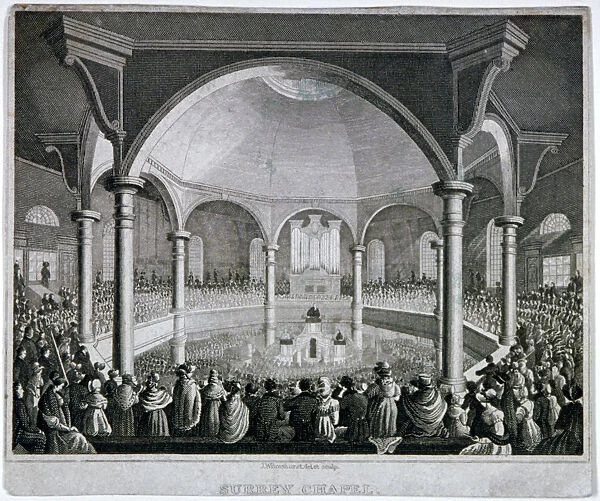 Interior view of Surrey Chapel with a service taking place, Southwark, London, c1815