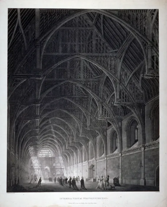 Framed Print : Interior view of Westminster Hall showing the fine hammerbeam roof, London, 1801 Framed Print : Interior view of Westminster Hall showing the fine hammerbeam roof, London, 1801