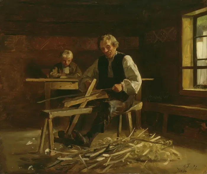 Framed Print : Interior from Vikoy with Farmer making Barrel Hoops, 1873. Creator: Adolph Tidemand Framed Print : Interior from Vikoy with Farmer making Barrel Hoops, 1873. Creator: Adolph Tidemand