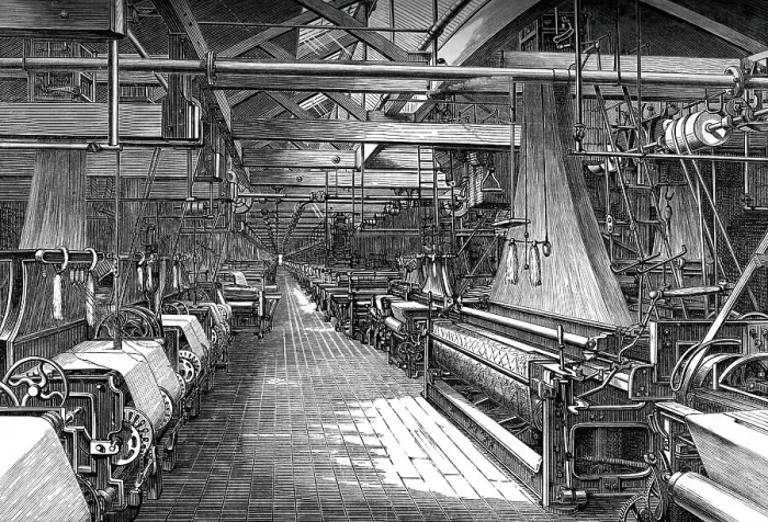 Framed Print : Interior of the weaving shed, St Leonards factory, Dunfermline, c1880 Framed Print : Interior of the weaving shed, St Leonards factory, Dunfermline, c1880