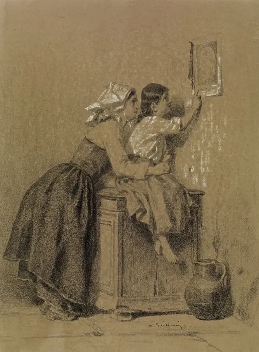 Framed Print : Interior, Woman and Child, c1835. Creator: Alexandre-Marie Guillemin Framed Print : Interior, Woman and Child, c1835. Creator: Alexandre-Marie Guillemin