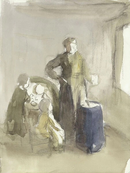 Interior with woman and children near a churn, 1854-1914. Creator: Albert Neuhuys