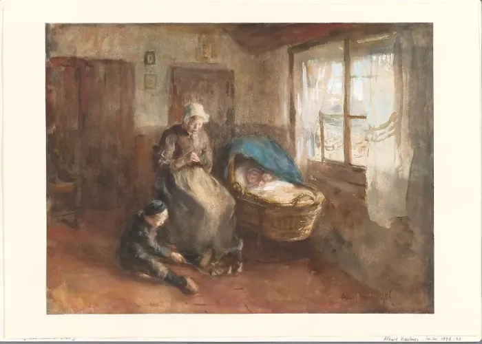 Framed Print : Interior with a woman by a cradle and a boy on the floor, c.1854-c.1914. Creator: Albert Neuhuys Framed Print : Interior with a woman by a cradle and a boy on the floor, c.1854-c.1914. Creator: Albert Neuhuys