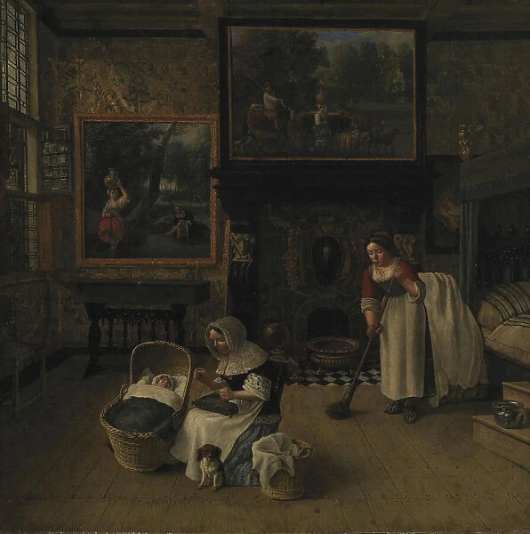 Interior with a Woman Embroidering and Rocking a Child in a Cradle, 1671. Creator: Jan Siberechts