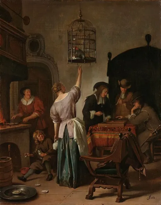 Framed Print : Interior with a Woman Feeding a Parrot, Known as ‘The Parrot Cage, c.1660-c.1670. Creator: Jan Steen Framed Print : Interior with a Woman Feeding a Parrot, Known as ‘The Parrot Cage, c.1660-c.1670. Creator: Jan Steen
