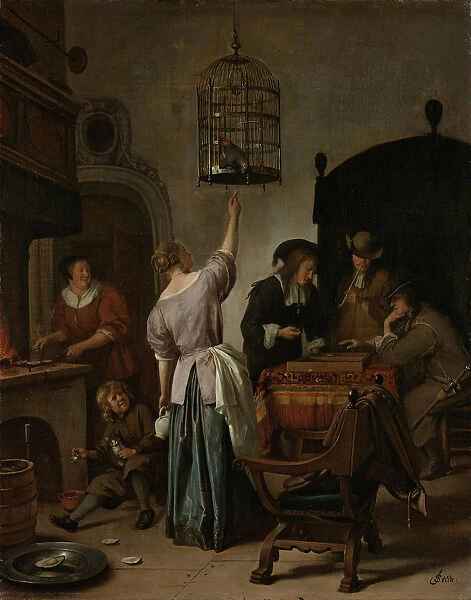 Interior With A Woman Feeding A Parrot Two Men Playing Backgammon And Other Figures (The Parrot Cage), 1670. Artist: Steen, Jan Havicksz (1626-1679)