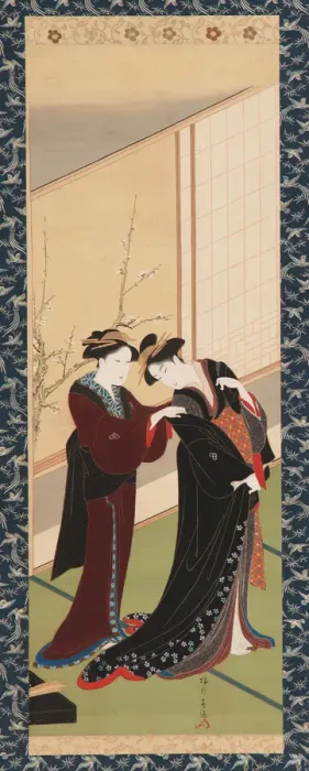 Framed Print : Interior: a woman helping a girl to dress, Edo period, 1726-1792 Framed Print : Interior: a woman helping a girl to dress, Edo period, 1726-1792
