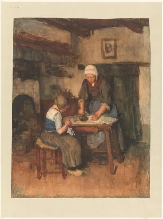 Framed Print : Interior with woman ironing and a child sewing, 1854-1914. Creator: Albert Neuhuys Framed Print : Interior with woman ironing and a child sewing, 1854-1914. Creator: Albert Neuhuys