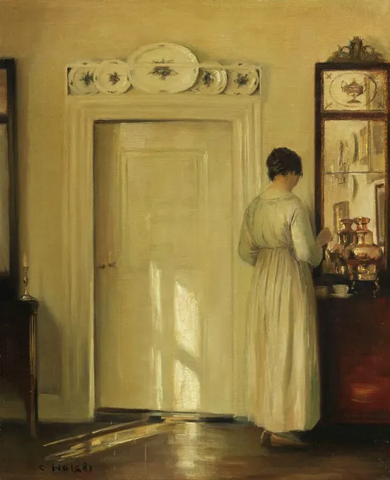 Framed Print : Interior with woman making tea, c1900-1910. Creator: Holsøe; Carl (1863-1935) Framed Print : Interior with woman making tea, c1900-1910. Creator: Holsøe; Carl (1863-1935)