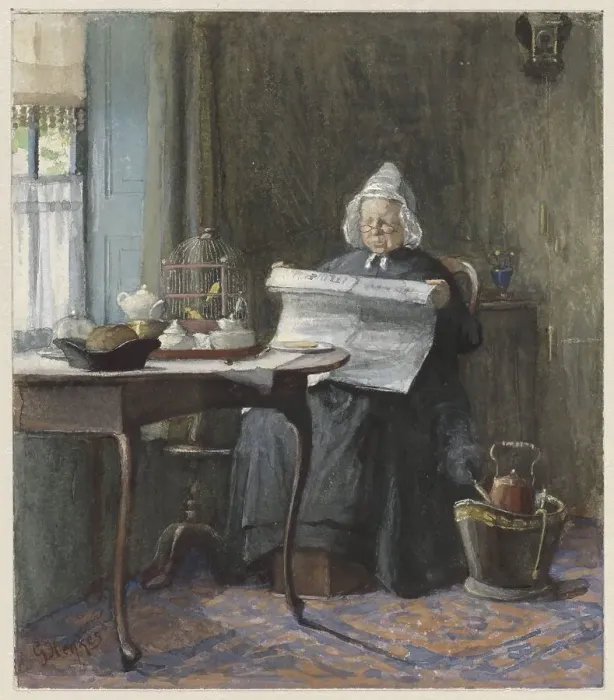 Framed Print : Interior with a woman reading the newspaper, 1854-1892. Creator: Gerke Henkes Framed Print : Interior with a woman reading the newspaper, 1854-1892. Creator: Gerke Henkes
