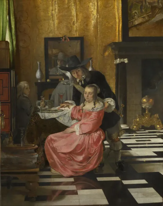 Framed Print : An Interior, with a Woman refusing a Glass of Wine, c. 1660. Artist: Dutch master Framed Print : An Interior, with a Woman refusing a Glass of Wine, c. 1660. Artist: Dutch master