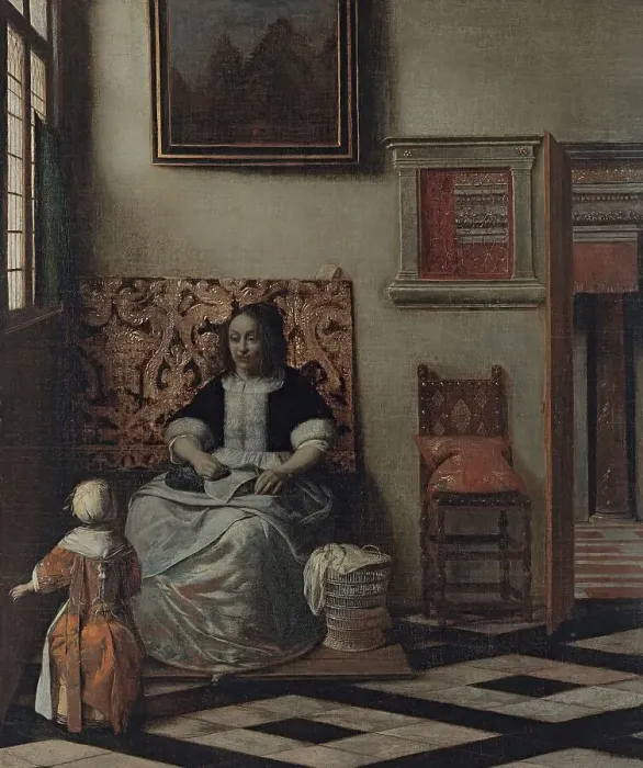 Framed Print : Interior with a Woman sewing and a Child, 1662. Creator: Pieter de Hooch Framed Print : Interior with a Woman sewing and a Child, 1662. Creator: Pieter de Hooch