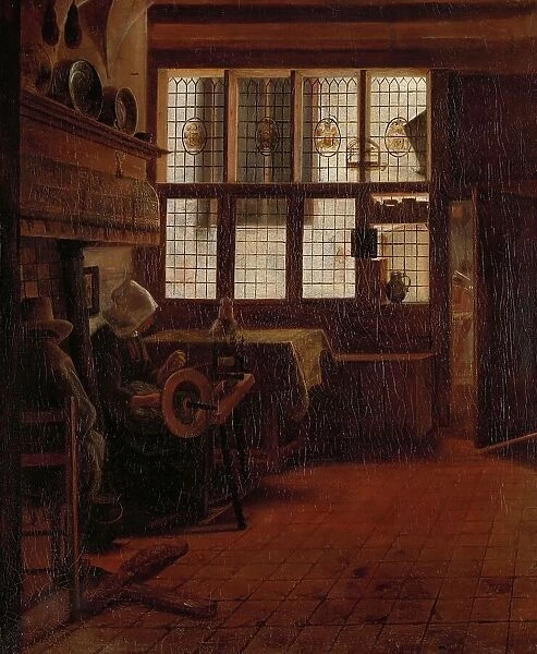 Interior with Woman at the Spinning Wheel, 1661. Creator: Esaias Boursse