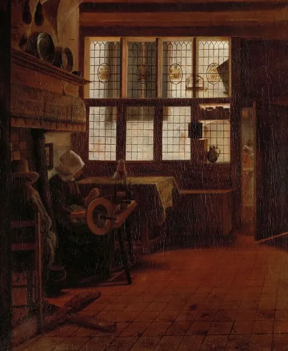 Framed Print : Interior with Woman at the Spinning Wheel, 1661. Creator: Esaias Boursse Framed Print : Interior with Woman at the Spinning Wheel, 1661. Creator: Esaias Boursse