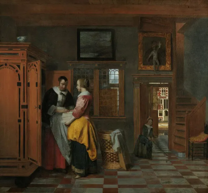 Framed Print : Interior with Women beside a Linen Chest, 1663. Artist: Hooch, Pieter, de (1629-1684) Framed Print : Interior with Women beside a Linen Chest, 1663. Artist: Hooch, Pieter, de (1629-1684)