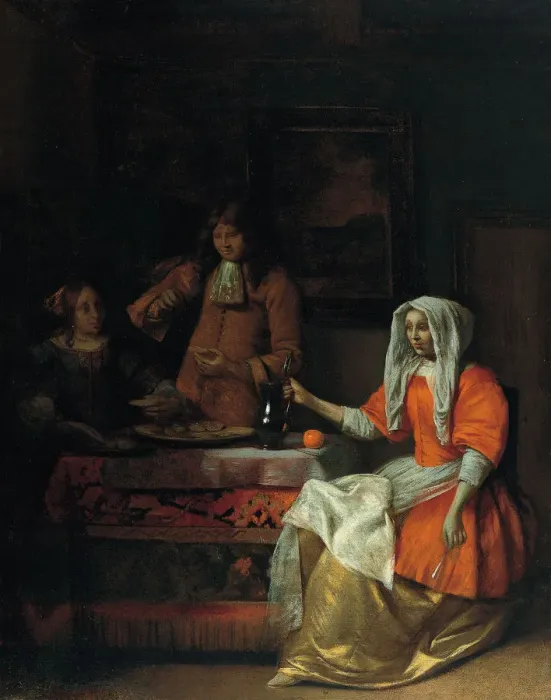Framed Print : Interior with Two Women and a Man Drinking and Eating Oysters. Artist: Hooch, Pieter, de (1629-1684) Framed Print : Interior with Two Women and a Man Drinking and Eating Oysters. Artist: Hooch, Pieter, de (1629-1684)