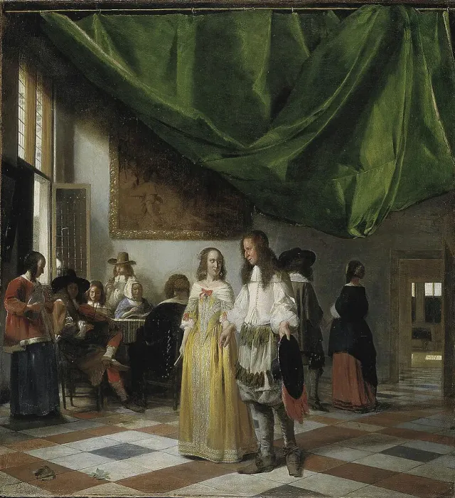 Framed Print : Interior with a Young Couple and People Making Music, 1644-1683. Creator: Pieter de Hooch Framed Print : Interior with a Young Couple and People Making Music, 1644-1683. Creator: Pieter de Hooch