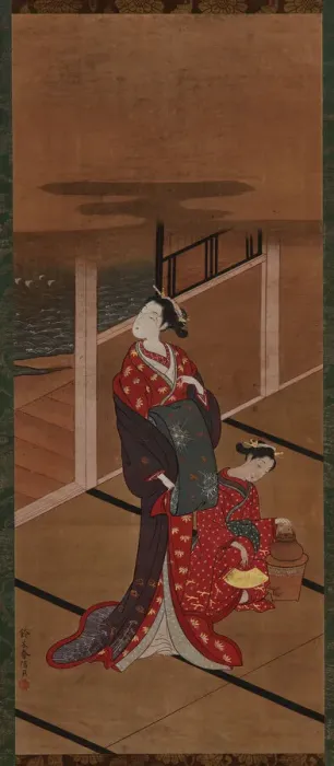Framed Print : Interior: A Yujo and an Attendant Heating Water, Edo period, 1615-1868. Creator: Unknown Framed Print : Interior: A Yujo and an Attendant Heating Water, Edo period, 1615-1868. Creator: Unknown