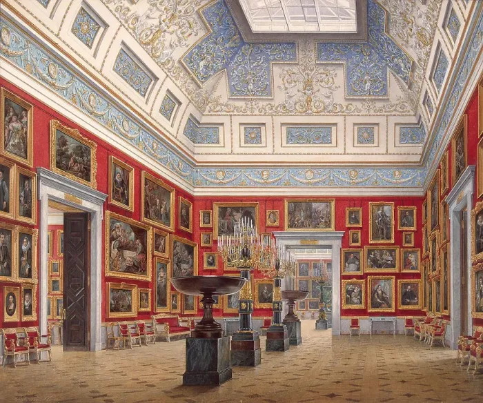 Framed Print : Interiors of the New Hermitage. The Room of Flemish painting, 1854. Artist: Hau, Eduard (1807-1887) Framed Print : Interiors of the New Hermitage. The Room of Flemish painting, 1854. Artist: Hau, Eduard (1807-1887)