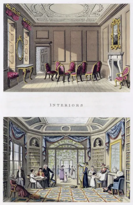 Framed Print : Interiors: The Old Cedar Parlour and the Modern Living Room, 1816 Framed Print : Interiors: The Old Cedar Parlour and the Modern Living Room, 1816