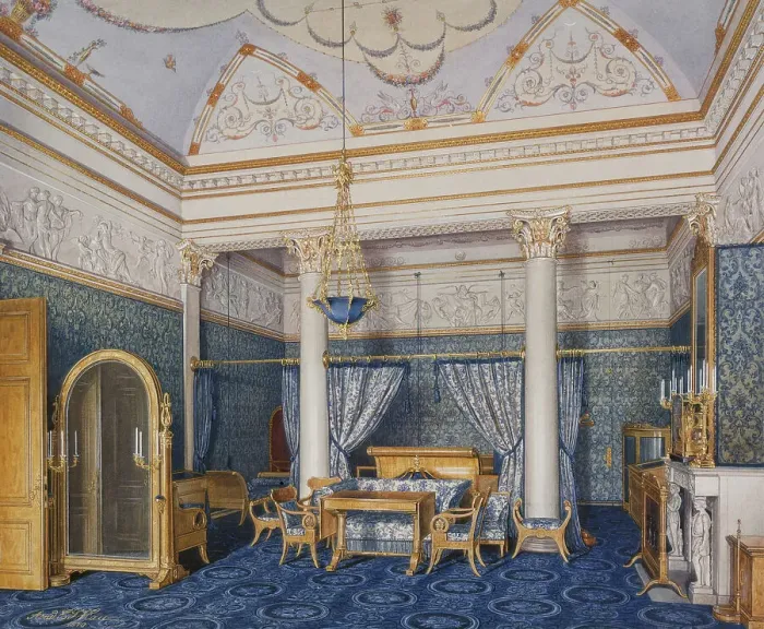 Framed Print : Interiors of the Winter Palace. The Bedchamber of Empress Alexandra Fyodorovna, 1870. Artist: Hau, Eduard (1807-1887) Framed Print : Interiors of the Winter Palace. The Bedchamber of Empress Alexandra Fyodorovna, 1870. Artist: Hau, Eduard (1807-1887)