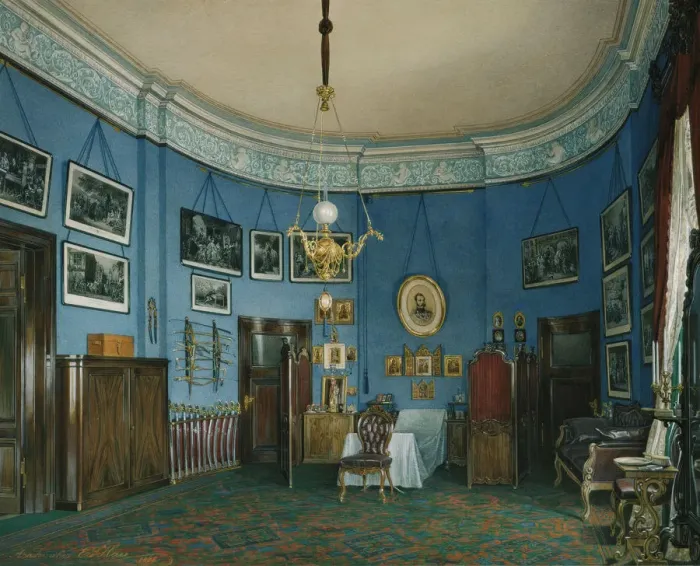 Framed Print : Interiors of the Winter Palace. The Bedroom of Crown Prince Nikolay Aleksandrovich, 1865. Artist: Hau, Eduard (1807-1887) Framed Print : Interiors of the Winter Palace. The Bedroom of Crown Prince Nikolay Aleksandrovich, 1865. Artist: Hau, Eduard (1807-1887)