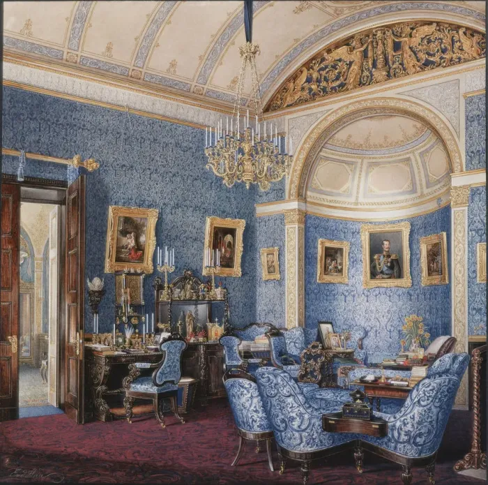 Framed Print : Interiors of the Winter Palace. The Boudoir of Empress Maria Alexandrovna, 1850s. Artist: Hau, Eduard (1807-1887) Framed Print : Interiors of the Winter Palace. The Boudoir of Empress Maria Alexandrovna, 1850s. Artist: Hau, Eduard (1807-1887)