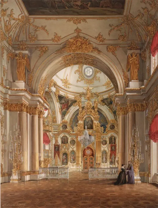 Framed Print : Interiors of the Winter Palace. The Cathedral in the Winter Palace, 1860s. Artist: Hau, Eduard (1807-1887) Framed Print : Interiors of the Winter Palace. The Cathedral in the Winter Palace, 1860s. Artist: Hau, Eduard (1807-1887)