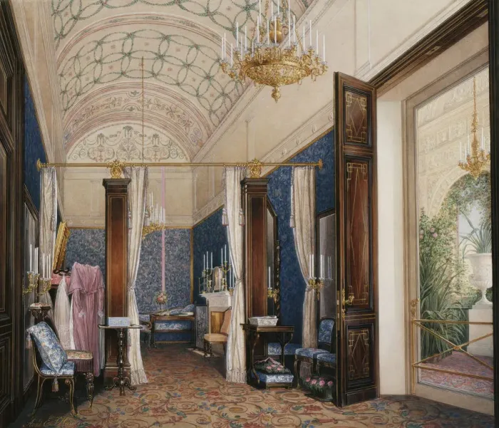 Framed Print : Interiors of the Winter Palace. The Dressing Room of Empress Alexandra Fyodorovna, 1871. Artist: Hau, Eduard (1807-1887) Framed Print : Interiors of the Winter Palace. The Dressing Room of Empress Alexandra Fyodorovna, 1871. Artist: Hau, Eduard (1807-1887)