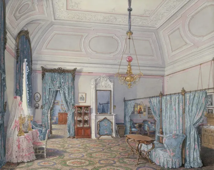 Framed Print : Interiors of the Winter Palace. The Fifth Reserved Apartment. The Bedroom of Grand Princess Maria Alexandrovna, 1873. Artist: Hau, Eduard (1807-1887) Framed Print : Interiors of the Winter Palace. The Fifth Reserved Apartment. The Bedroom of Grand Princess Maria Alexandrovna, 1873. Artist: Hau, Eduard (1807-1887)