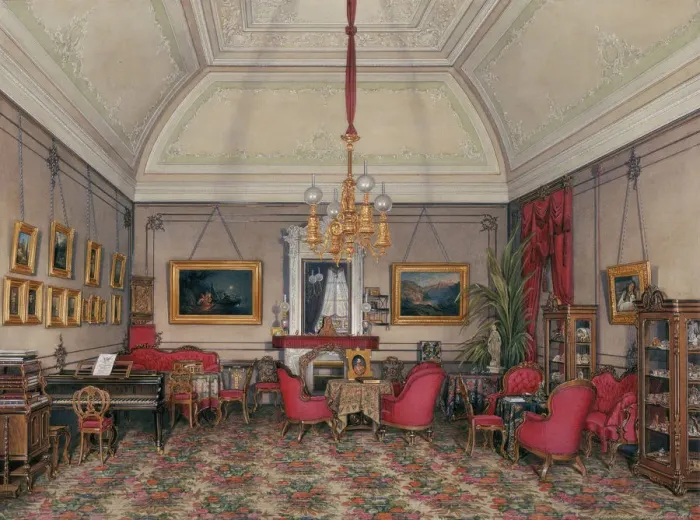 Framed Print : Interiors of the Winter Palace. The Fifth Reserved Apartment. The Drawing-Room of Grand Princess Maria Alexandrovna, 1874. Artist: Hau, Eduard (1807-1887) Framed Print : Interiors of the Winter Palace. The Fifth Reserved Apartment. The Drawing-Room of Grand Princess Maria Alexandrovna, 1874. Artist: Hau, Eduard (1807-1887)