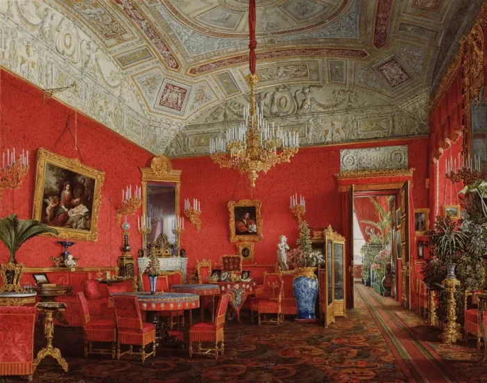 Framed Print : Interiors of the Winter Palace. The Large Drawing Room of Empress Alexandra Fyodorovna, 1858. Artist: Hau, Eduard (1807-1887) Framed Print : Interiors of the Winter Palace. The Large Drawing Room of Empress Alexandra Fyodorovna, 1858. Artist: Hau, Eduard (1807-1887)