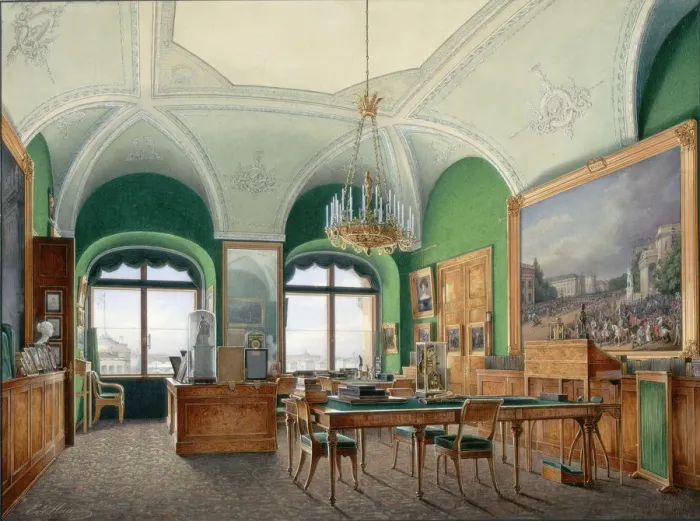 Framed Print : Interiors of the Winter Palace. The Large Study of Emperor Nicholas I, 1860s. Artist: Hau, Eduard (1807-1887) Framed Print : Interiors of the Winter Palace. The Large Study of Emperor Nicholas I, 1860s. Artist: Hau, Eduard (1807-1887)