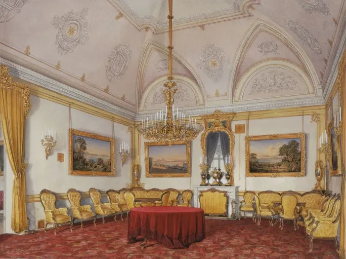 Framed Print : Interiors of the Winter Palace. The Third Reserved Apartment. The Drawing Room, 1872. Artist: Hau, Eduard (1807-1887) Framed Print : Interiors of the Winter Palace. The Third Reserved Apartment. The Drawing Room, 1872. Artist: Hau, Eduard (1807-1887)