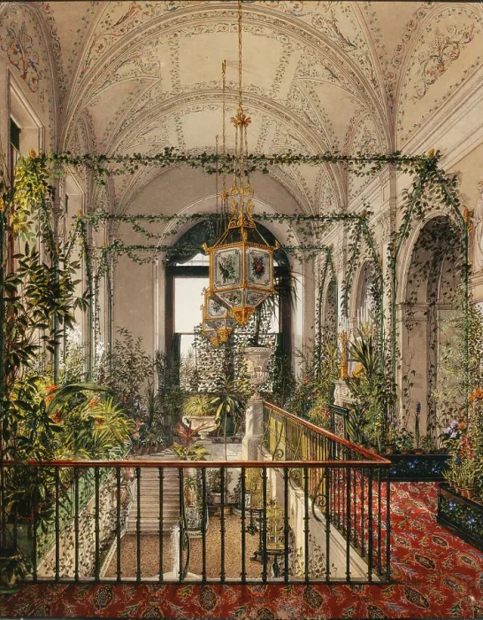 Framed Print : Interiors of the Winter Palace. The Small Winter Garden in the Apartments of Alexandra Fyodorovna, 1870s. Artist: Ukhtomsky, Konstantin Andreyevich (1818-1881) Framed Print : Interiors of the Winter Palace. The Small Winter Garden in the Apartments of Alexandra Fyodorovna, 1870s. Artist: Ukhtomsky, Konstantin Andreyevich (1818-1881)