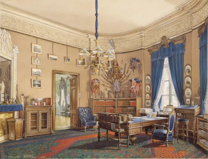 Framed Print : Interiors of the Winter Palace. The Study of Crown Prince Nikolay Aleksandrovich, 1865. Artist: Hau, Eduard (1807-1887) Framed Print : Interiors of the Winter Palace. The Study of Crown Prince Nikolay Aleksandrovich, 1865. Artist: Hau, Eduard (1807-1887)