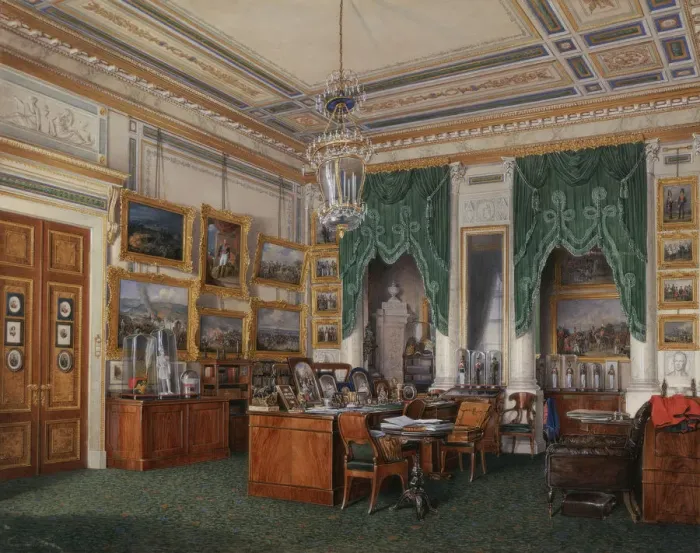 Framed Print : Interiors of the Winter Palace. The Study of Emperor Alexander II, 1857. Artist: Hau, Eduard (1807-1887) Framed Print : Interiors of the Winter Palace. The Study of Emperor Alexander II, 1857. Artist: Hau, Eduard (1807-1887)