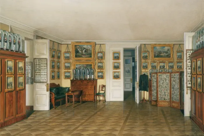Framed Print : Interiors of the Winter Palace. The Valet Room of Emperor Alexander II, 1874. Artist: Hau, Eduard (1807-1887) Framed Print : Interiors of the Winter Palace. The Valet Room of Emperor Alexander II, 1874. Artist: Hau, Eduard (1807-1887)